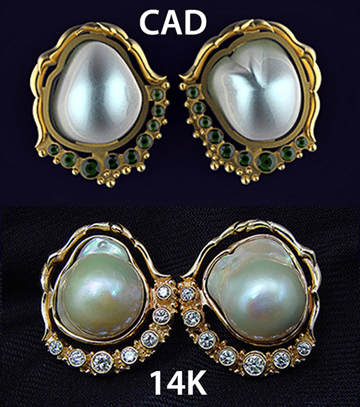CAD CAM pearls and diamonds earrings